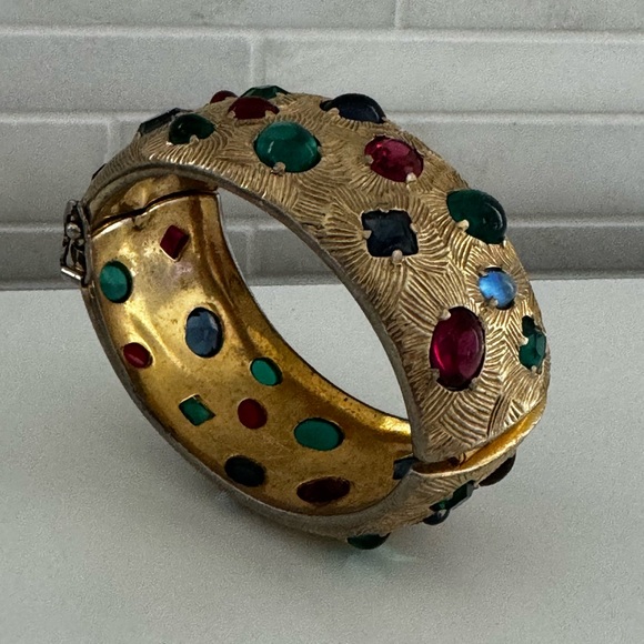 Vtg Castlecliff Cuff Bracelet Gold Tone Wide Unfoiled Glass Cabochons Crystals - Picture 7 of 14